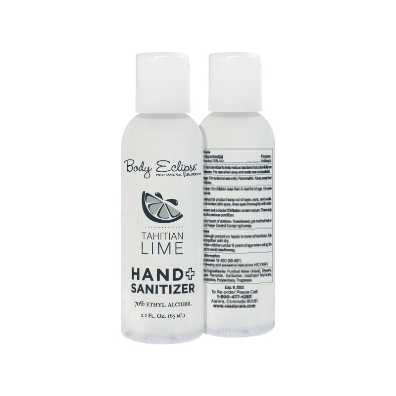Body Eclipse Spa 2.2 oz Tahitian Lime Hand Sanitizer bottle, 70% ethyl alcohol