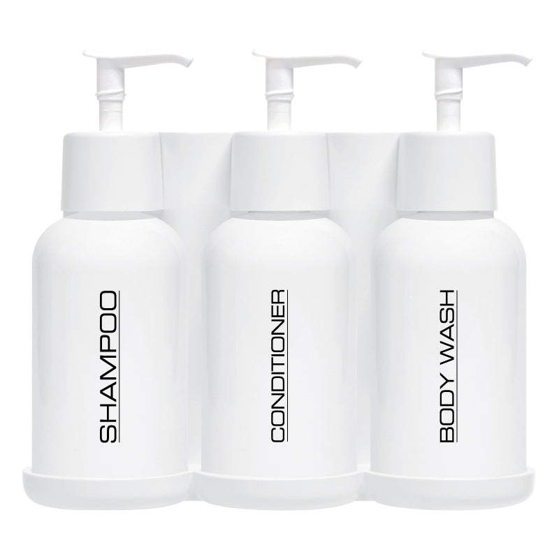 EcoEclipse triple shower dispenser with three white unbranded bottles on a white bracket