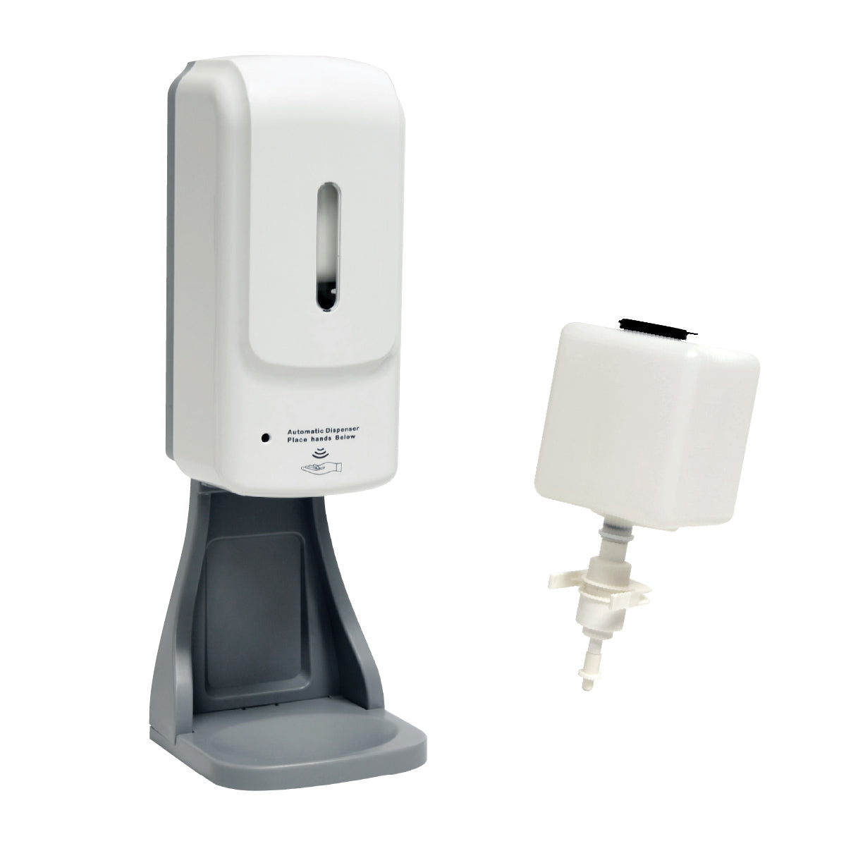 Refillable touchless sanitizer dispenser shown with its 34 oz refill canister