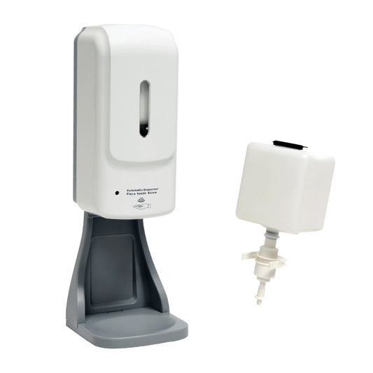 Refillable touchless sanitizer dispenser shown with its 34 oz refill canister